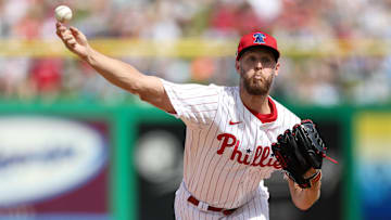 Mar 4, 2025; Clearwater, Florida, USA; Philadelphia Phillies pitcher Zack Wheeler (45) throws a pitch against the New York Yankees in the second inning during spring training at BayCare Ballpark. 