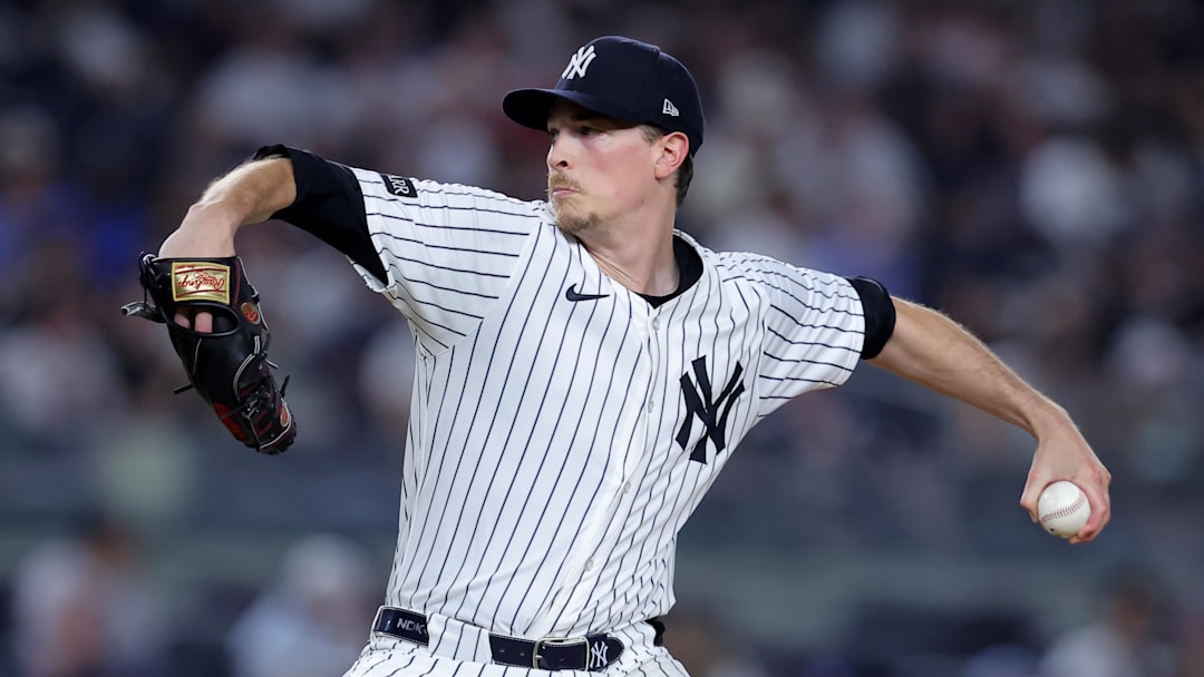 Jul 29, 2025; Bronx, New York, USA; New York Yankees starting pitcher Max Fried (54) pitches against the Tampa Bay Rays during the sixth inning at Yankee Stadium. Mandatory Credit: Brad Penner-Imagn Images