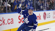 Apr 20, 2025; Toronto, Ontario, CAN; Toronto Maple Leafs forward Mitch Marner (16) reacts after scoring against the Ottawa Senators during the first period of game one of the first round of the 2025 Stanley Cup Playoffs at Scotiabank Arena. Mandatory Credit: John E. Sokolowski-Imagn Images