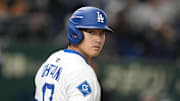 Los Angeles Dodgers designated hitter Shohei Ohtani (17) waits to bat during the first inning against the Hanshin Tigers at Tokyo Dome. 