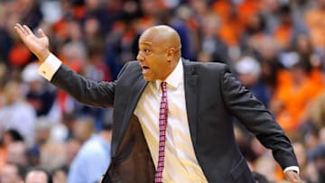 Nov 8, 2013; Syracuse, NY, USA; Cornell Big Red head coach Bill Courtney reacts to a call against the Syracuse Orange during the first half at Carrier Dome.  Mandatory Credit: Rich Barnes-Imagn Images