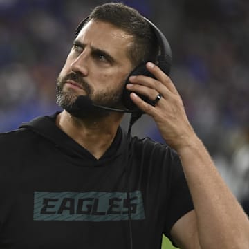 Aug 9, 2024; Baltimore, Maryland, USA;  Philadelphia Eagles head coach Nick Sirianni reacts during the first quarter of a preseason game against the Baltimore Ravens at M&T Bank Stadium. Mandatory Credit: Tommy Gilligan-USA TODAY Sports