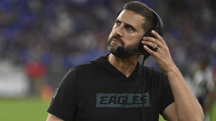 Aug 9, 2024; Baltimore, Maryland, USA;  Philadelphia Eagles head coach Nick Sirianni reacts during the first quarter of a preseason game against the Baltimore Ravens at M&T Bank Stadium. 