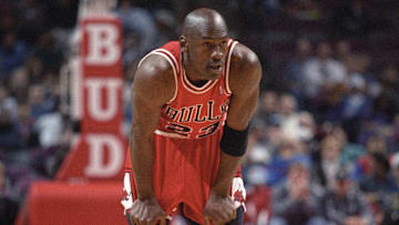 Feb 15, 1996;  Auburn Hills MI, USA; FILE PHOTO; Chicago Bulls guard Michael Jordan (23) in action against the Detroit Pistons at the Palace at  Auburn Hills. The Bulls beat the Pistons 112-109 in overtime. Mandatory Credit: Matthew Emmons-Imagn Images