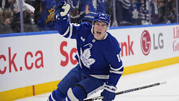 Apr 20, 2025; Toronto, Ontario, CAN; Toronto Maple Leafs forward Mitch Marner (16) reacts after scoring against the Ottawa Senators during the first period of game one of the first round of the 2025 Stanley Cup Playoffs at Scotiabank Arena. Mandatory Credit: John E. Sokolowski-Imagn Images