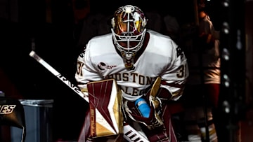 Grace Campbell prepares in the tunnel before Boston College takes the ice ahead of player introductions.