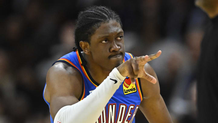 Oct 27, 2023; Cleveland, Ohio, USA; Oklahoma City Thunder forward Jalen Williams (8) celebrates a three point basket in the fourth quarter against the Cleveland Cavaliers at Rocket Mortgage FieldHouse. Mandatory Credit: David Richard-USA TODAY Sports