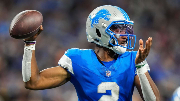 Detroit Lions quarterback Hendon Hooker (2) makes a pass against Pittsburgh Steelers during the second half of a preseason game at Ford Field in Detroit on Saturday, August 24, 2024.