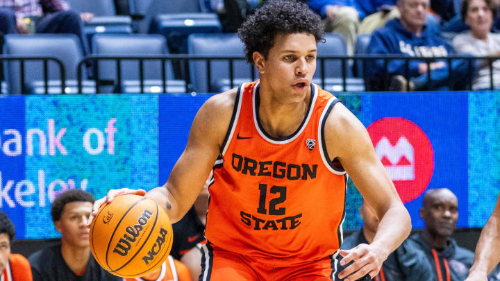 February 22, 2024; Berkeley, California, USA; Oregon State Beavers forward Michael Rataj (12) dribbles the basketball during the second half against the California Golden Bears at Haas Pavilion. Mandatory Credit: Kyle Terada-USA TODAY Sports