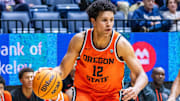 February 22, 2024; Berkeley, California, USA; Oregon State Beavers forward Michael Rataj (12) dribbles the basketball during the second half against the California Golden Bears at Haas Pavilion. Mandatory Credit: Kyle Terada-Imagn Images