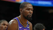 Mar 30, 2025; Phoenix, Arizona, USA; Phoenix Suns forward Kevin Durant (35) reacts after fouling a Houston Rockets player in the first half at Footprint Center. Mandatory Credit: Rick Scuteri-Imagn Images