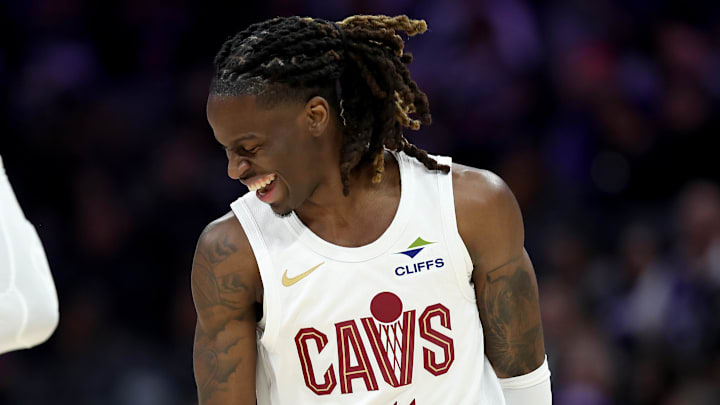 Feb 7, 2026; Sacramento, California, USA; Cleveland Cavaliers guard Dennis Schroder (8) and Cleveland Cavaliers guard Keon Ellis (14) react after scoring a basket against the Sacramento Kings during the second quarter at Golden 1 Center. Mandatory Credit: Dennis Lee-Imagn Images