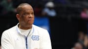 Mar 17, 2025; Dayton, OH, USA; North Carolina Tar Heels head coach Hubert Davis looks on during the First Four Practice at UD Arena. Mandatory Credit: Rick Osentoski-Imagn Images