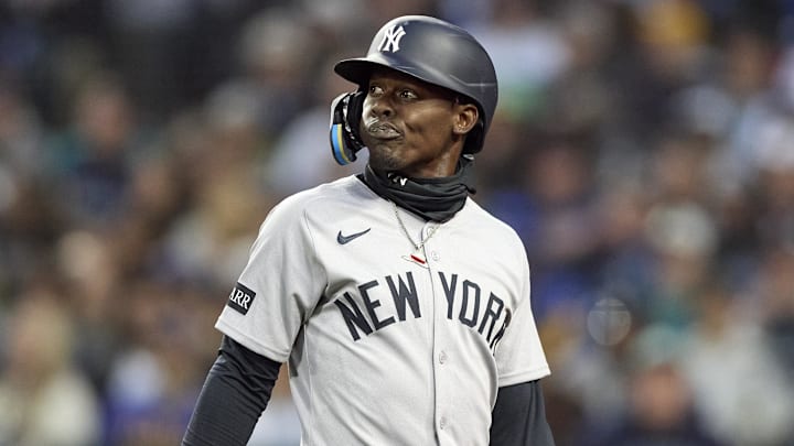 Mar 31, 2026; Seattle, Washington, USA; New York Yankees second baseman Jazz Chisholm Jr. (13) strikes out during the fourth inning at T-Mobile Park. Mandatory Credit: John Froschauer-Imagn Images