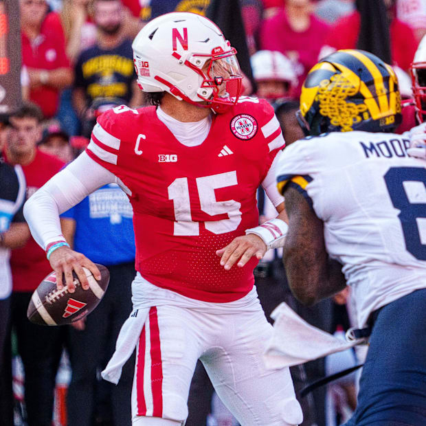 Sep 20, 2025; Lincoln, Nebraska, USA; Nebraska Cornhuskers quarterback Dylan Raiola (15) passes against Michigan Wolverines e