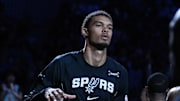 Oct 27, 2025; San Antonio, Texas, USA;  San Antonio Spurs forward/center Victor Wembanyama (1) is introduced before the game against the Toronto Raptors at Frost Bank Center. Mandatory Credit: Daniel Dunn-Imagn Images