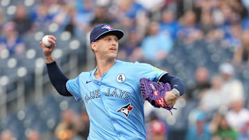 Jun 3, 2025; Toronto, Ontario, CAN; Toronto Blue Jays starting pitcher Bowden Francis (44) throws a pitch against the Philadelphia Phillies during the first inning at Rogers Centre. Mandatory Credit: Nick Turchiaro-Imagn Images