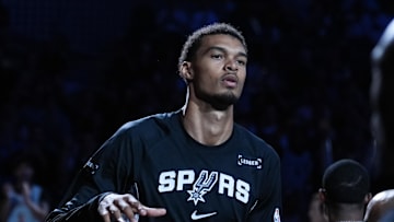 Oct 27, 2025; San Antonio, Texas, USA;  San Antonio Spurs forward/center Victor Wembanyama (1) is introduced before the game against the Toronto Raptors at Frost Bank Center. Mandatory Credit: Daniel Dunn-Imagn Images