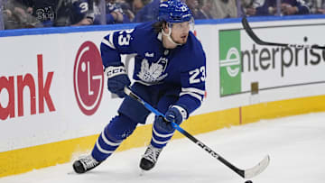 May 14, 2025; Toronto, Ontario, CAN; Toronto Maple Leafs forward Matthew Knies (23) carries the puck against the Florida Panthers during the first period of game five of the second round of the 2025 Stanley Cup Playoffs at Scotiabank Arena. Mandatory Credit: John E. Sokolowski-Imagn Images
