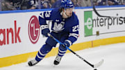 May 14, 2025; Toronto, Ontario, CAN; Toronto Maple Leafs forward Matthew Knies (23) carries the puck against the Florida Panthers during the first period of game five of the second round of the 2025 Stanley Cup Playoffs at Scotiabank Arena. Mandatory Credit: John E. Sokolowski-Imagn Images