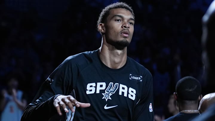 Oct 27, 2025; San Antonio, Texas, USA;  San Antonio Spurs forward/center Victor Wembanyama (1) is introduced before the game against the Toronto Raptors at Frost Bank Center. Mandatory Credit: Daniel Dunn-Imagn Images