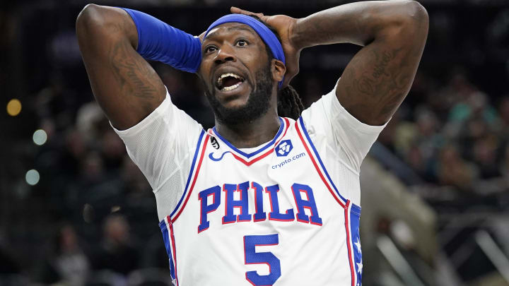 Feb 3, 2023; San Antonio, Texas, USA; Philadelphia 76ers center Montrezl Harrell (5) reacts after being called for a foul during the first half against the San Antonio Spurs at AT&T Center. Mandatory Credit: Scott Wachter-USA TODAY Sports