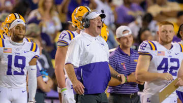 Oct 21, 2023; Baton Rouge, Louisiana, USA; LSU Tigers head coach Brian Kelly calls out against the Army Black Knights at Tiger Stadium. Mandatory Credit: Matthew Hinton-USA TODAY Sports