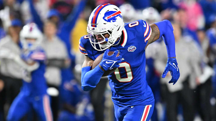 Sep 7, 2025; Orchard Park, New York, USA;  Buffalo Bills wide receiver Keon Coleman (0) runs the ball during the fourth quarter against the Baltimore Ravens at Highmark Stadium. Mandatory Credit: Mark Konezny-Imagn Images