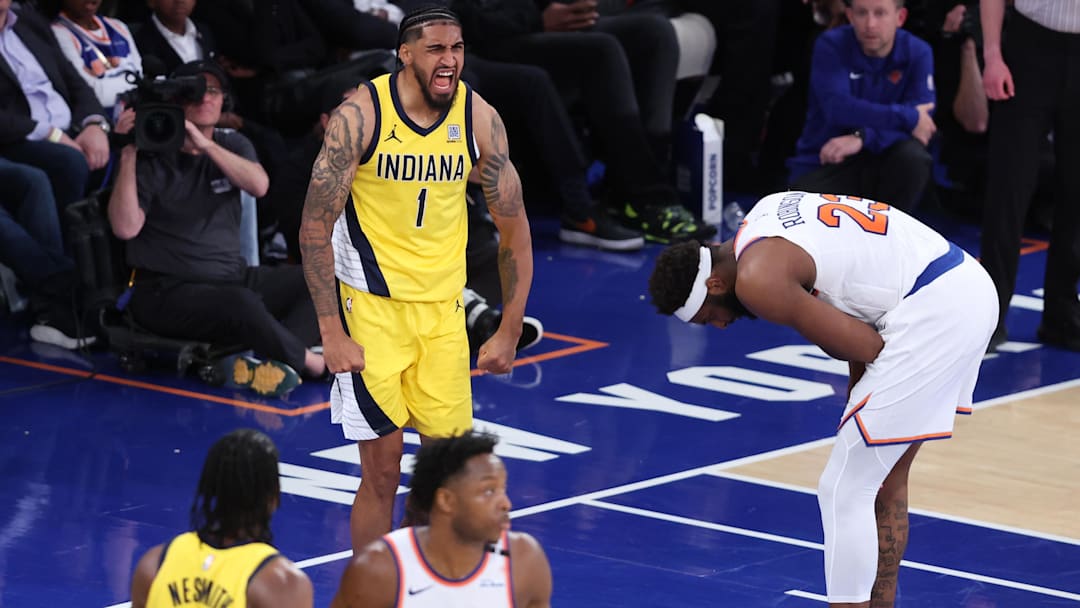 May 21, 2025; New York, New York, USA; Indiana Pacers forward Obi Toppin (1) reacts in the second half against the New York Knicks during game one of the eastern conference finals for the 2025 NBA Playoffs at Madison Square Garden. Mandatory Credit: Wendell Cruz-Imagn Images