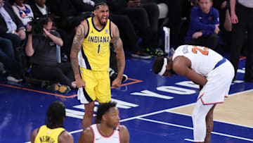 May 21, 2025; New York, New York, USA; Indiana Pacers forward Obi Toppin (1) reacts in the second half against the New York Knicks during game one of the eastern conference finals for the 2025 NBA Playoffs at Madison Square Garden. Mandatory Credit: Wendell Cruz-Imagn Images