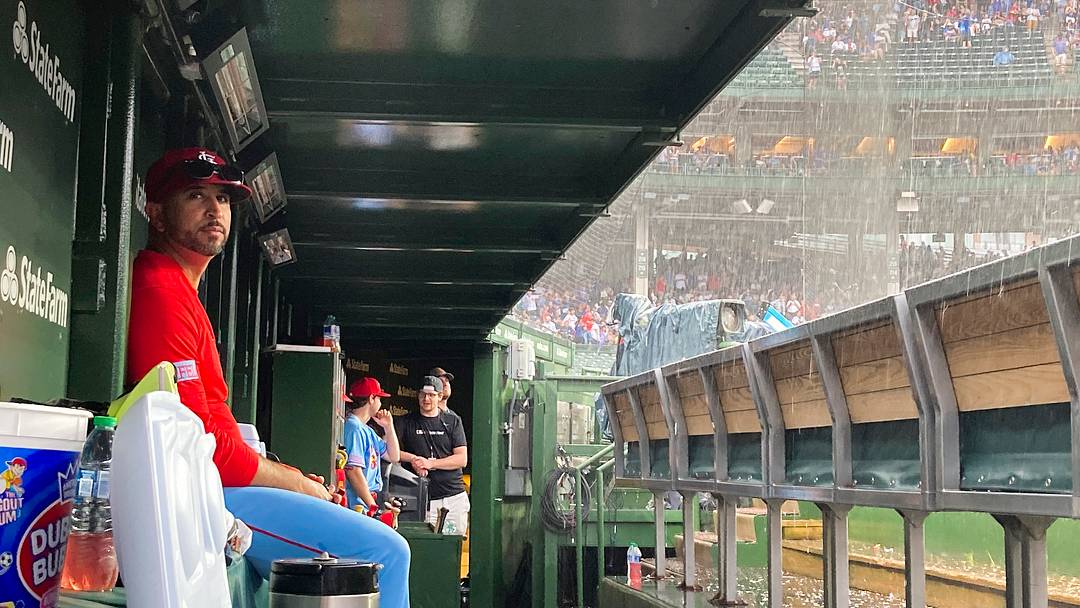 Jul 22, 2023; Chicago, Illinois, USA; St. Louis Cardinals manager Oliver Marmol (37), left, looks on from the dugout during a rain delay in the seventh inning against the Chicago Cubs at Wrigley Field. Mandatory Credit: Matt Marton-USA TODAY Sports Jul 22, 2023; Chicago, Illinois, USA; St. Louis Cardinals manager Oliver Marmol (37), left, looks on from the dugout during a rain delay in the seventh inning against the Chicago Cubs at Wrigley Field. Mandatory Credit: Matt Marton-USA TODAY Sports