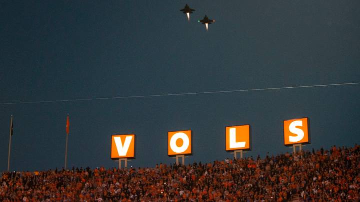 F35s from the U.S. Air Force's 33rd Fighter Wing at Eglin Air Force Base in Okaloosa County, Florida flyover Neyland Stadium at the start of the NCAA college football game between Tennessee and Kentucky on Saturday, October 29, 2022 in Knoxville, Tenn. 