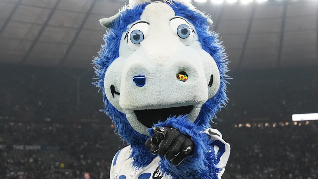 Nov 9, 2025; Berlin, Germany; Indianapolis Colts mascot Blue during the NFL Berlin Game at Olympic Stadium. Nov 9, 2025; Berlin, Germany; Indianapolis Colts mascot Blue during the NFL Berlin Game at Olympic Stadium.