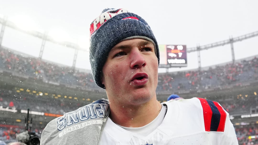 Jan 25, 2026; Denver, CO, USA;  New England Patriots quarterback Drake Maye (10) reacts after defeating the Denver Broncos in the 2026 AFC Championship Game at Empower Field at Mile High. Mandatory Credit: Ron Chenoy-Imagn Images