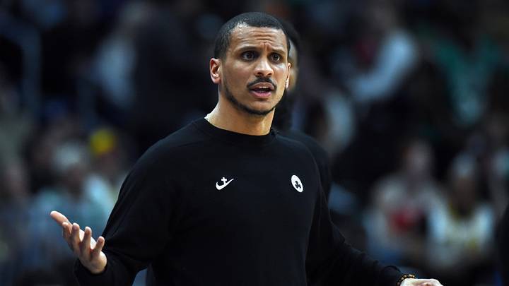Feb 25, 2026; Denver, Colorado, USA; Boston Celtics Joe Mazzulla yells toward a referee during the first half against the Denver Nuggets at Ball Arena. Mandatory Credit: Christopher Hanewinckel-Imagn Images