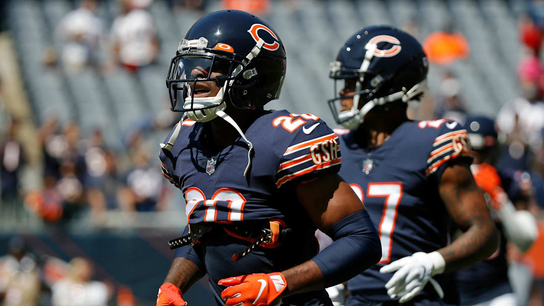 Aug 14, 2021; Chicago, Illinois, USA; Chicago Bears cornerback Duke Shelley (20) runs onto the field during warmups before the game against the Miami Dolphins at Soldier Field.