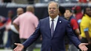 Oct 27, 2024; Houston, Texas, USA;  Houston Texans owner Cal McNair watches as the Houston Texans warm up before playing against the Indianapolis Colts at NRG Stadium. Mandatory Credit: Thomas Shea-Imagn Images