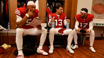 San Francisco 49ers quarterbacks Joshua Dobbs (L), Brock Purdy (C) and Brandon Allen (R)