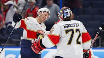 Apr 24, 2025; Tampa, Florida, USA; Florida Panthers left wing Matthew Tkachuk (19) congratulates goaltender Sergei Bobrovsky (72) after beating the Tampa Bay Lightning in game two of the first round of the 2025 Stanley Cup Playoffs at Amalie Arena. Mandatory Credit: Nathan Ray Seebeck-Imagn Images
