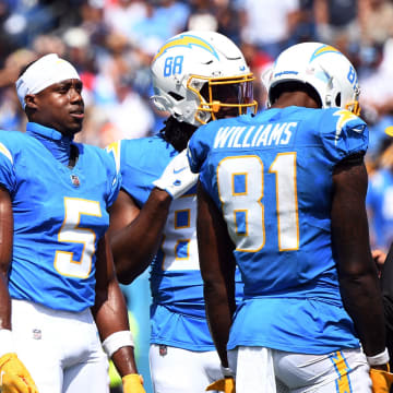 Sep 17, 2023; Nashville, Tennessee, USA; Los Angeles Chargers wide receiver Joshua Palmer (5) waits as officials review a play during the first half against the Tennessee Titans at Nissan Stadium. Mandatory Credit: Christopher Hanewinckel-USA TODAY Sports