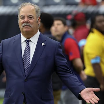 Oct 27, 2024; Houston, Texas, USA;  Houston Texans owner Cal McNair watches as the Houston Texans warm up before playing against the Indianapolis Colts at NRG Stadium. Mandatory Credit: Thomas Shea-Imagn Images