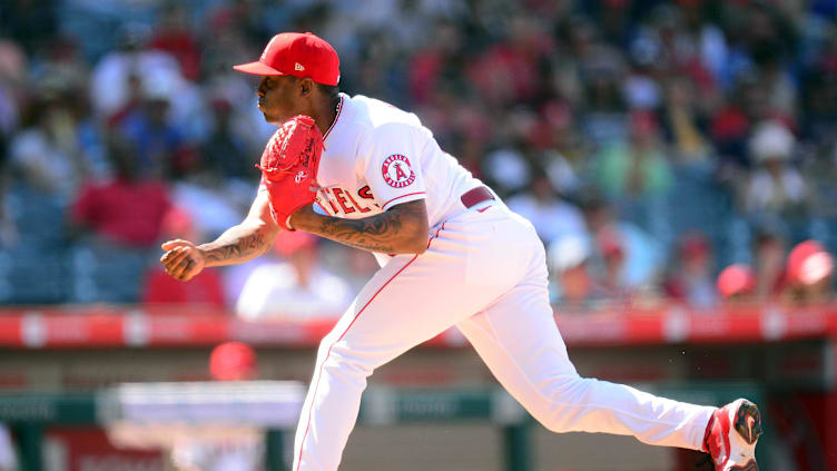 Jul 7, 2021; Anaheim, California, USA; Raisel Iglesias, LA Angels