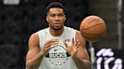 Nov 7, 2025; Milwaukee, Wisconsin, USA; Milwaukee Bucks forward Giannis Antetokounmpo (34) warms up before game against the Chicago Bulls at Fiserv Forum. Mandatory Credit: Benny Sieu-Imagn Images