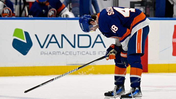 Apr 14, 2026; Elmont, New York, USA;  New York Islanders defenseman Matthew Schaefer (48) upset after the 2-1 loss to Carolina Hurricanes after the game at UBS Arena. Mandatory Credit: Dennis Schneidler-Imagn Images