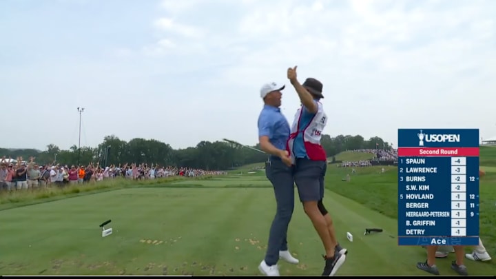 Victor Perez celebrates shooting a hole in one at the U.S. Open. Victor Perez celebrates shooting a hole in one at the U.S. Open.