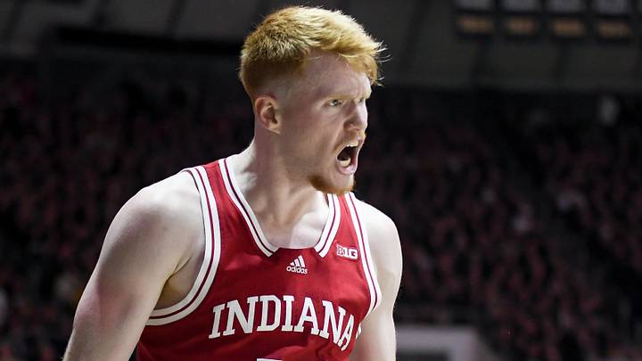 Jan 31, 2025; West Lafayette, Indiana, USA; Indiana Hoosiers forward Luke Goode (10) celebrates after a play during the second half against the Purdue Boilermakers at Mackey Arena. Mandatory Credit: Robert Goddin-Imagn Images