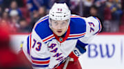 Mar 8, 2025; Ottawa, Ontario, CAN;  New York Rangers center Matt Rempe (73) gets in position for a faceoff in the second period against the  Ottawa Senators at the Canadian Tire Centre. Mandatory Credit: Marc DesRosiers-Imagn Images