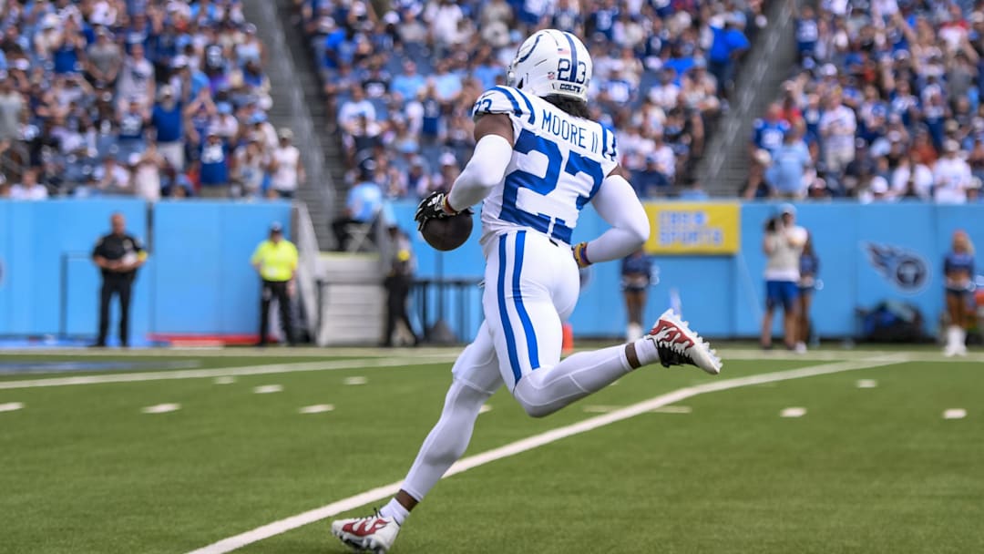 Sep 21, 2025; Nashville, Tennessee, USA; Indianapolis Colts cornerback Kenny Moore II (23) intercepts a pass for a pick six during the first quarter at Nissan Stadium. Mandatory Credit: Steve Roberts-Imagn Images