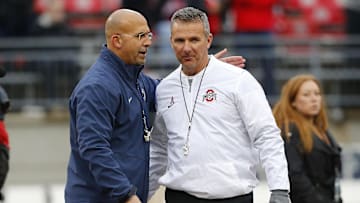 Oct 28, 2017; Columbus, OH, USA; Penn State Nittany Lions head coach James Franklin (left) and Ohio State Buckeyes head coach Urban Meyer greet before the game at Ohio Stadium. Mandatory Credit: Joe Maiorana-Imagn Images