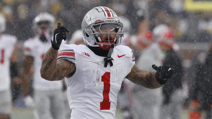 Nov 29, 2025; Ann Arbor, Michigan, USA; Ohio State Buckeyes wide receiver Brandon Inniss (1) reacts in the second half against the Michigan Wolverines at Michigan Stadium. Mandatory Credit: Rick Osentoski-Imagn Images